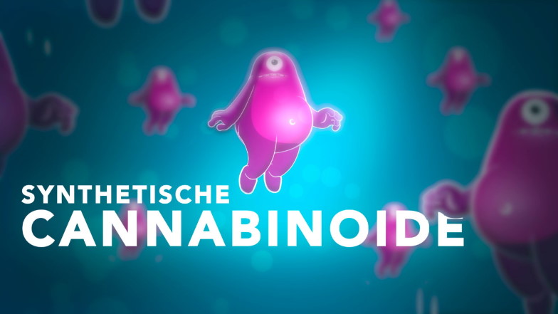 Screenshot aus dem Animationsvideo: Zu sehen ist der Schriftzug "synthetische Cannabinoide" und einäuige, rosa Figuren, die vor türkisen Hintergrund schweben
